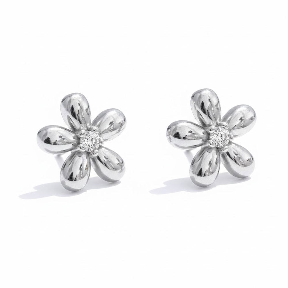 Σκουλαρίκια Ατσάλι Λουλούδι με Πέτρα Ασημί  Stainless Steel Flower Stud Earrings Silver Tone
