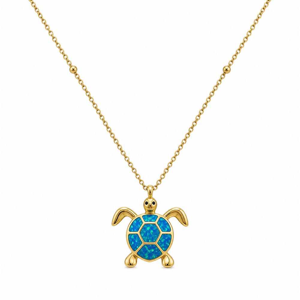 Γυναικείο Κολιέ Χελώνα Στυλ Blue Opal σε Χρυσό Χρώμα