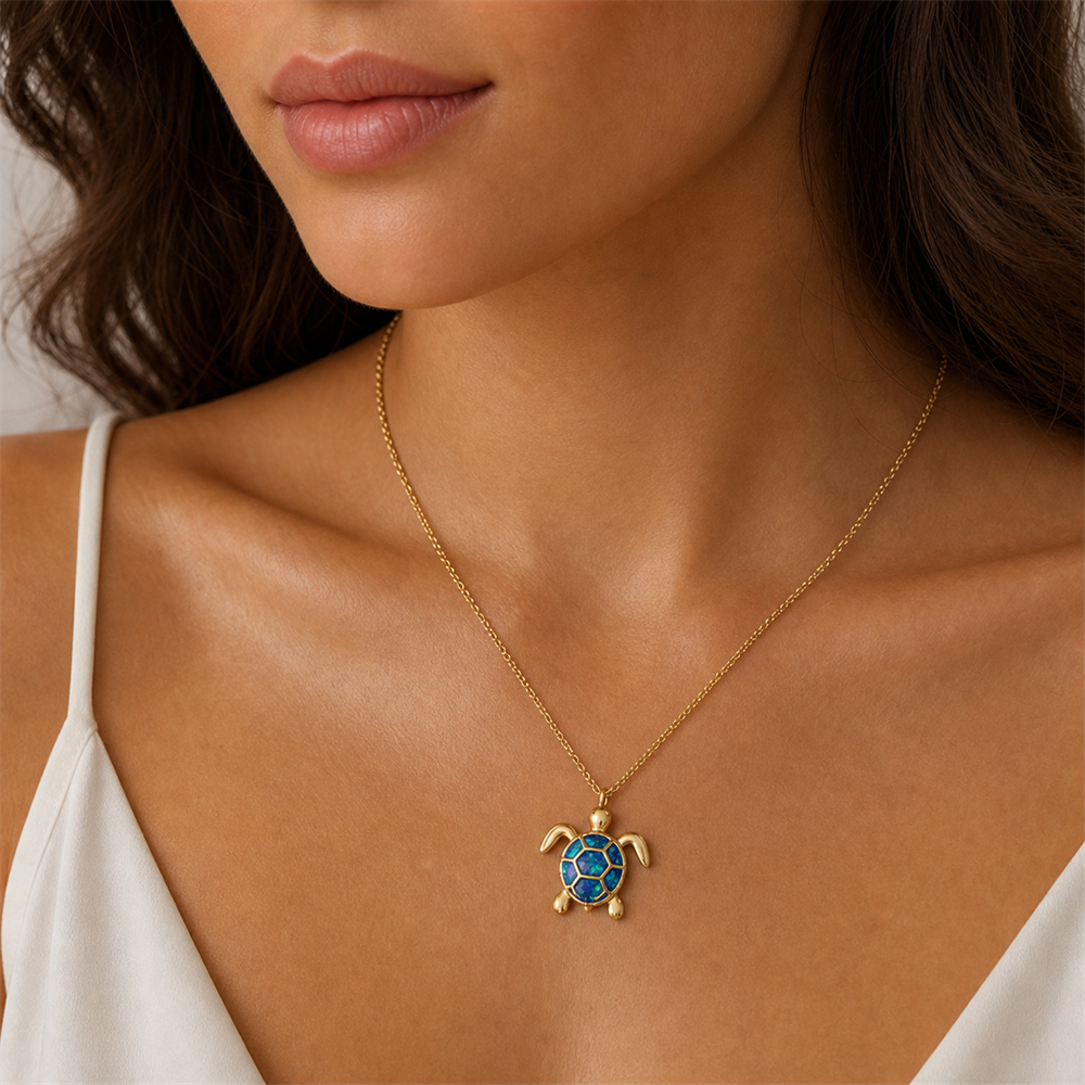 Γυναικείο Κολιέ Χελώνα Στυλ Blue Opal σε Χρυσό Χρώμα