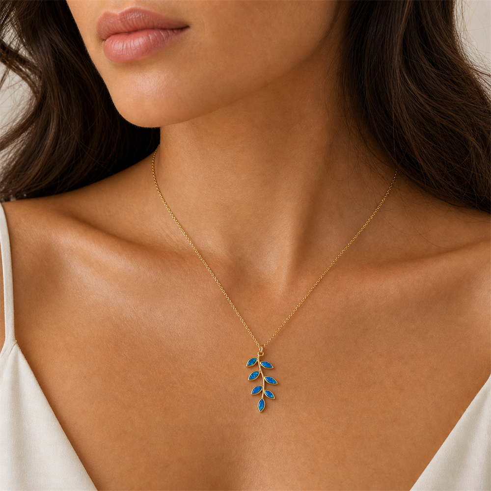 Γυναικείο Κολιέ Κλαδί Ελιάς Στυλ Blue Opal σε Χρυσό Χρώμα