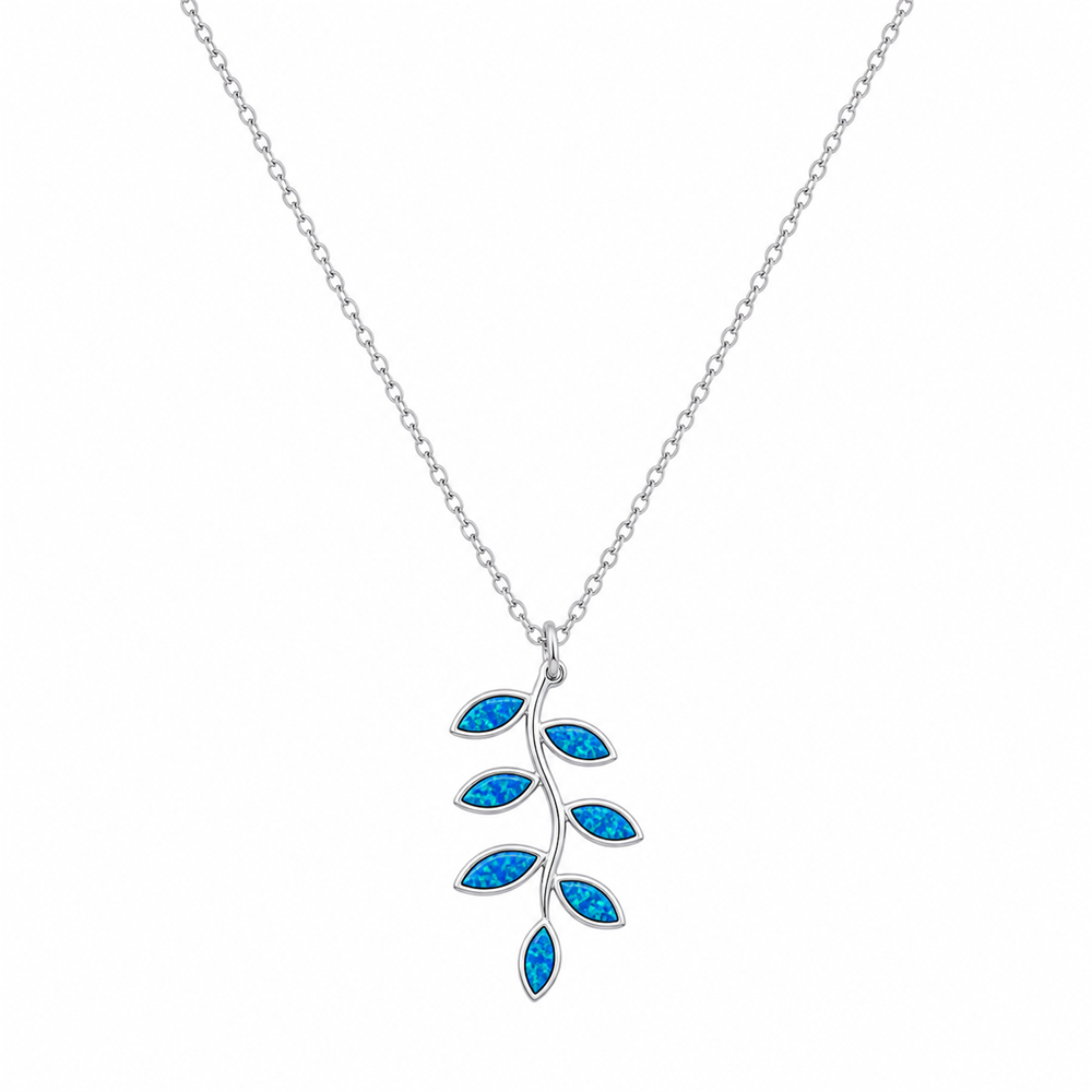 Γυναικείο Κολιέ Κλαδί Ελιάς Στυλ Blue Opal σε Ασημί Χρώμα