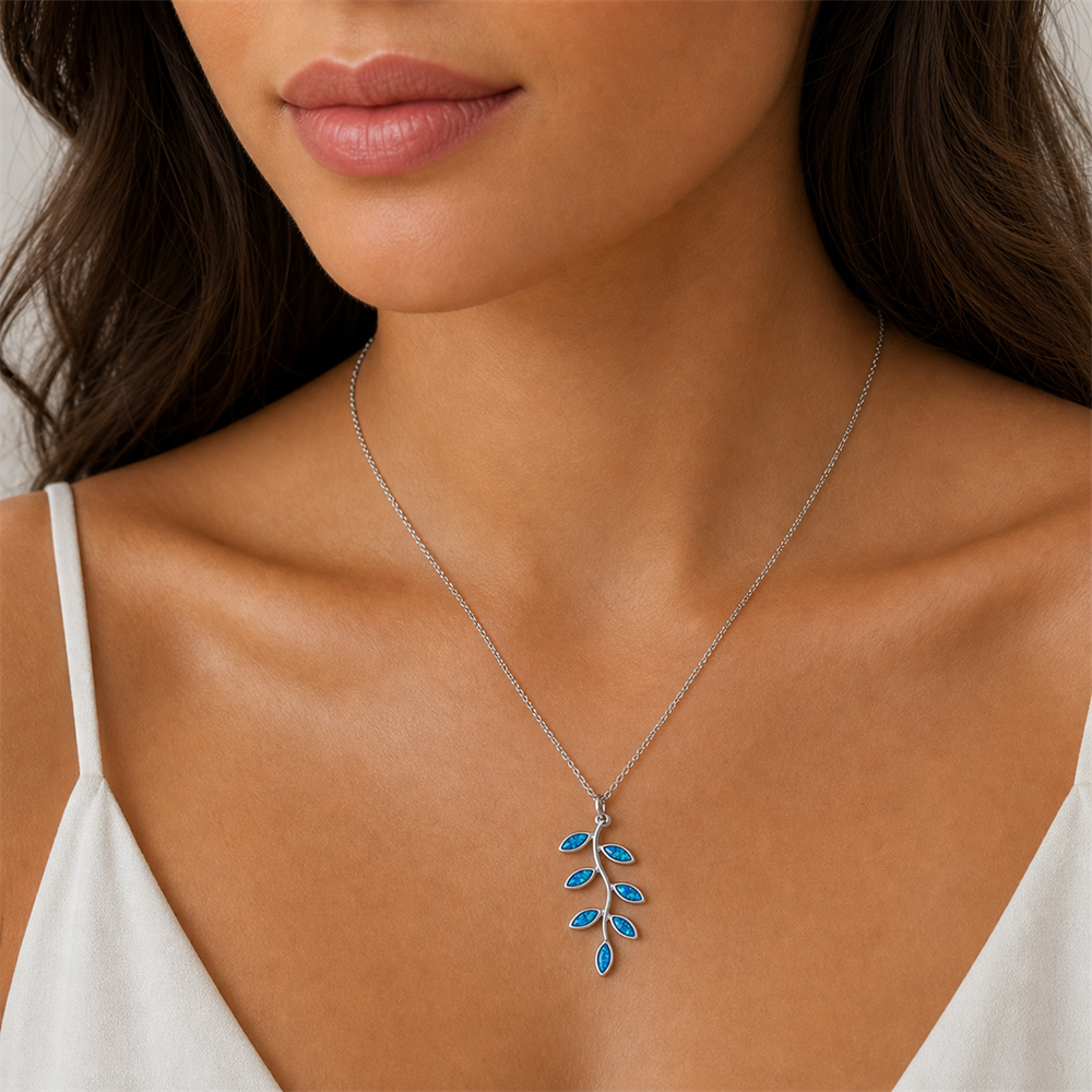 Γυναικείο Κολιέ Κλαδί Ελιάς Στυλ Blue Opal σε Ασημί Χρώμα