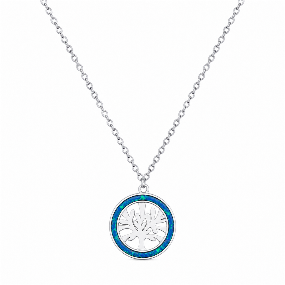 Γυναικείο Κολιέ Δέντρο Ζωής Στυλ Blue Opal σε Ασημί Χρώμα