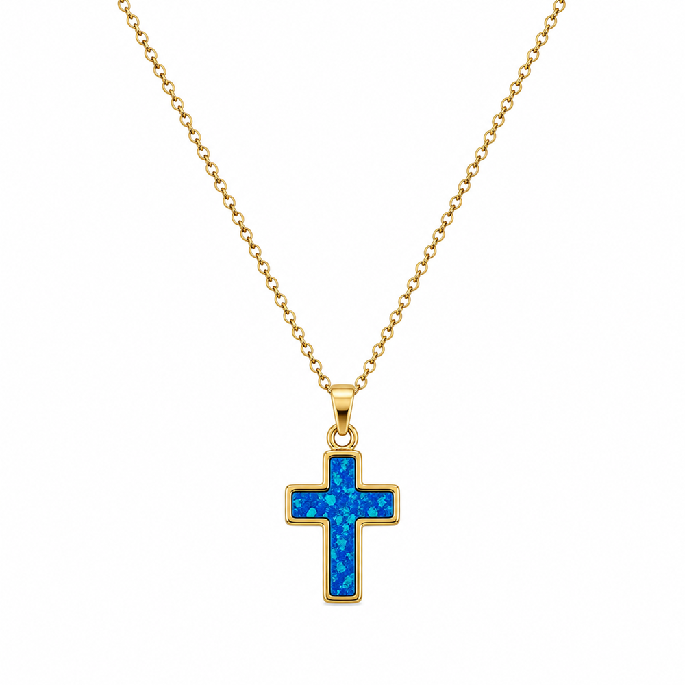Γυναικείο Κολιέ Σταυρός Στυλ Blue Opal σε Χρυσό Χρώμα