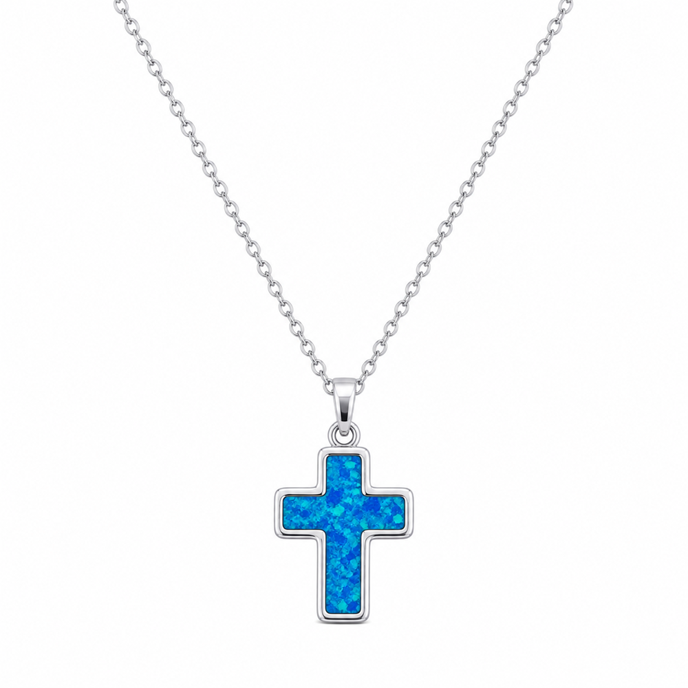 Γυναικείο Κολιέ Σταυρός Στυλ Blue Opal σε Ασημί Χρώμα