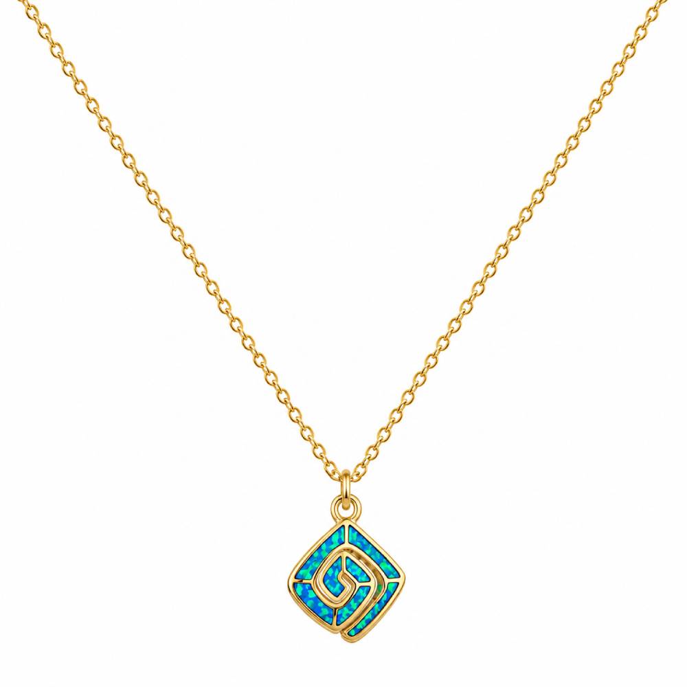 Γυναικείο Κολιέ Ρόμβος με Σπείρα Blue Opal σε Χρυσό Χρώμα