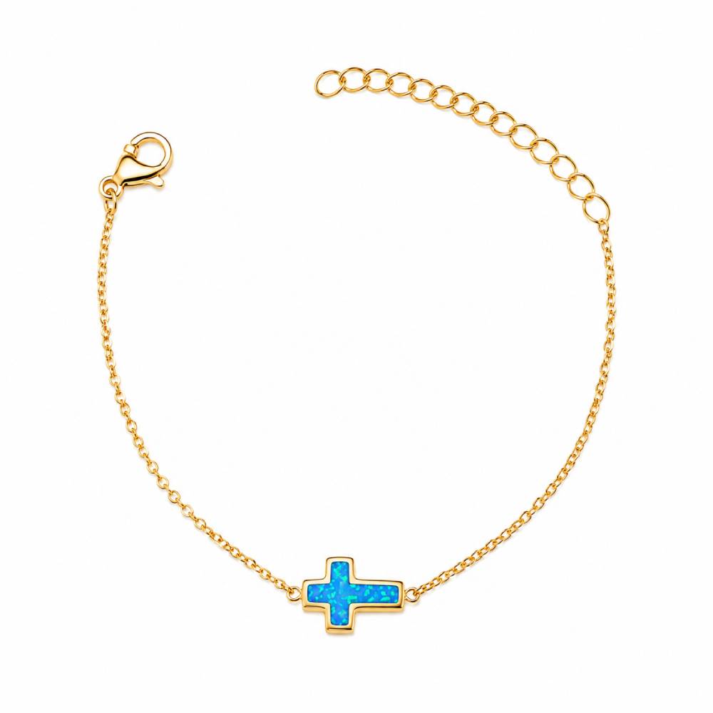 Γυναικείο Βραχιόλι Σταυρός Blue Opal σε Χρυσό Χρώμα