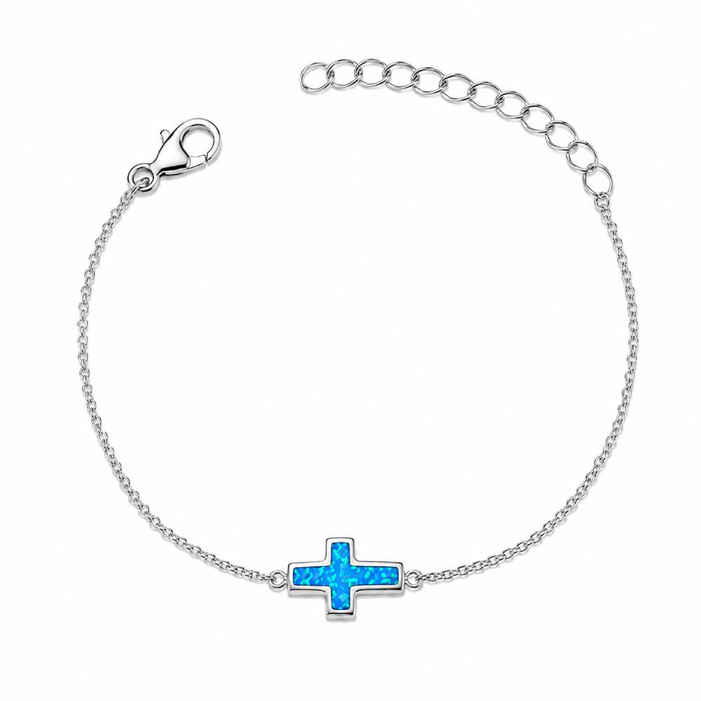 Γυναικείο Βραχιόλι Σταυρός Blue Opal σε Ασημί Χρώμα