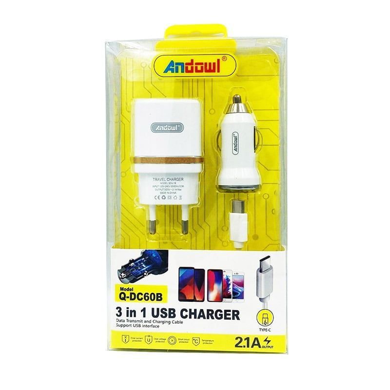 Andowl Σετ Αυτοκίνητου και Πρίζας με Θύρα USB-A και Καλώδιο USB-C Λευκός Q-DC60B