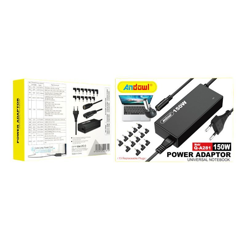 Andowl Q-A281 Universal Τροφοδοτικό 150W με Σετ 13 Εναλλασσόμενων Βυσμάτων - Universal laptop adaptor