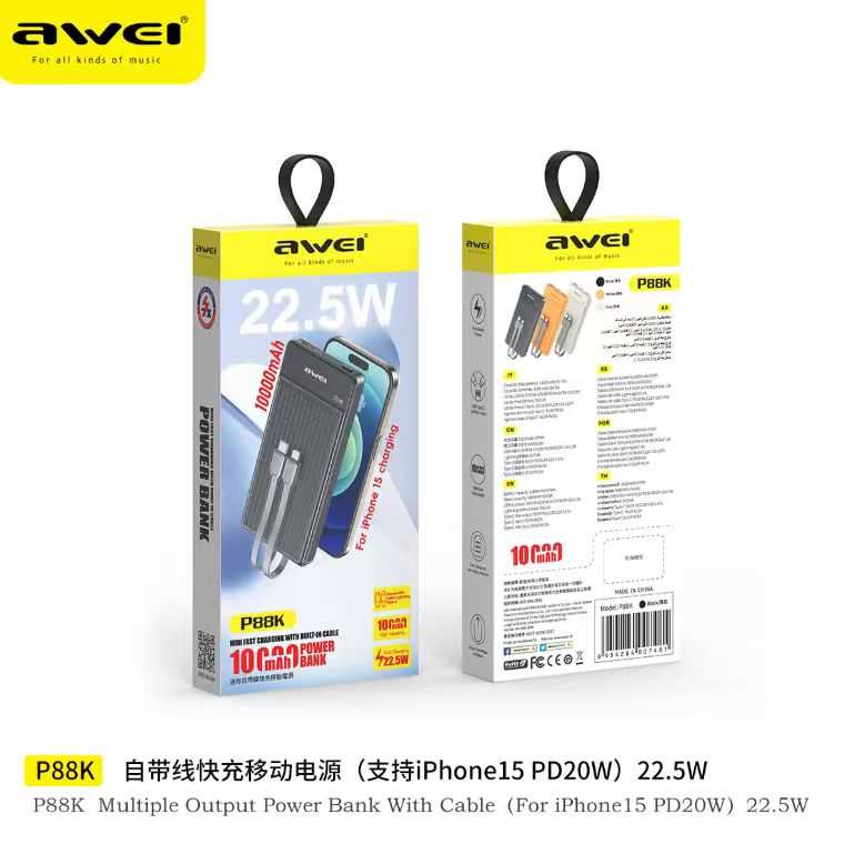 Powerbank - 2in1 - Type-C & Lightning - P88K - 10.000mah - 22.5W - AWEI - 007481 - Black