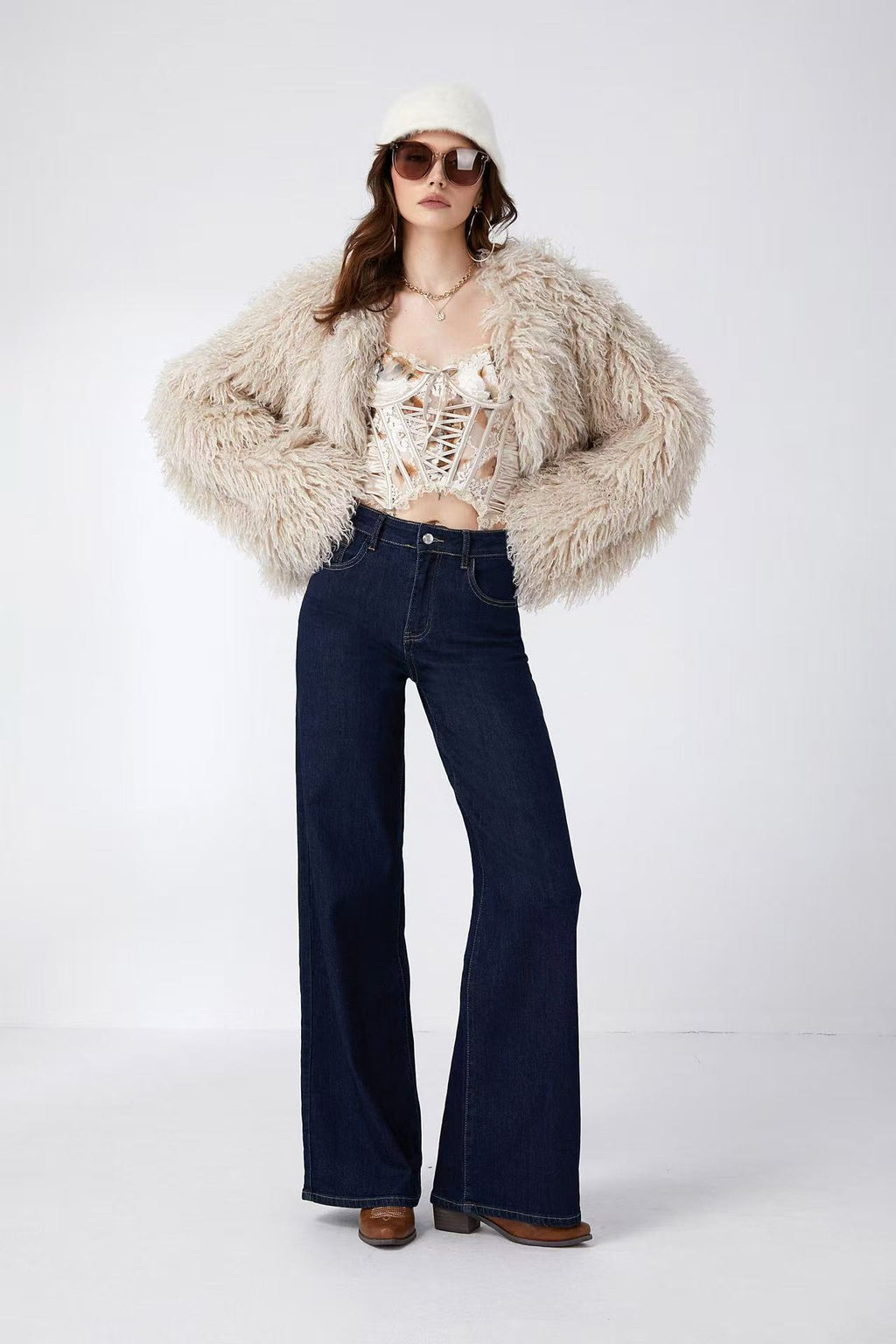 Adoro High Waisted Women's Jean Pants Flare Dark Blue