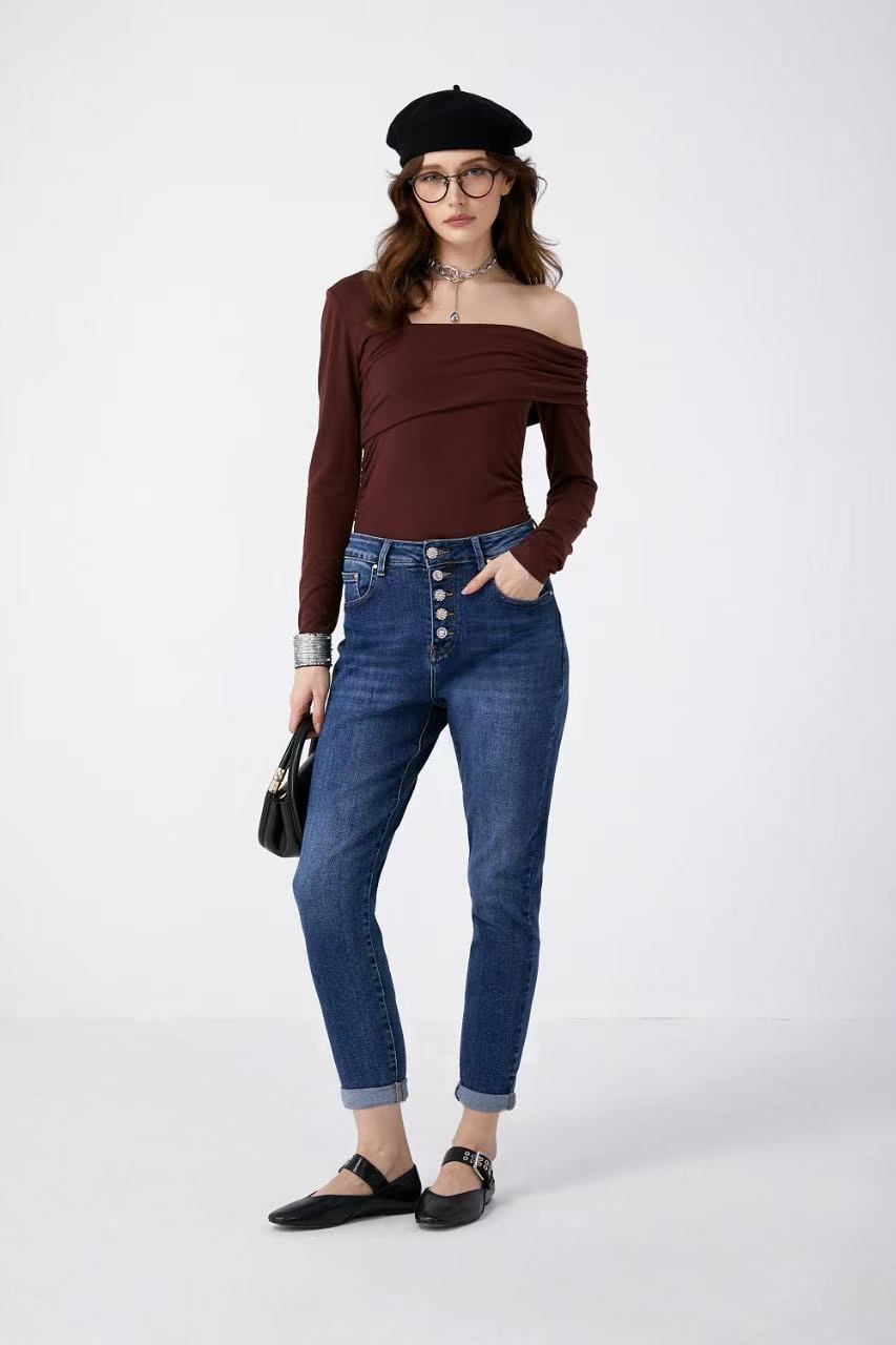 ADORO Women's Mom Fit Jeans with Rhinestone Buttons Blue