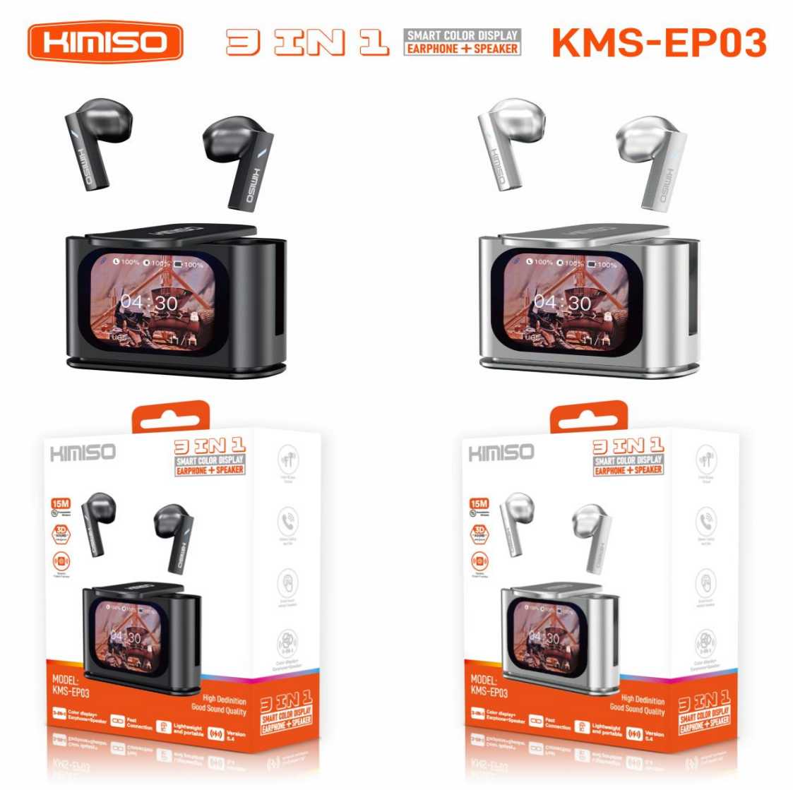 Ασύρματα ακουστικά με θήκη φόρτισης με ηχείο Bluetooth & ψηφιακή οθόνη - 3in1 - KMS-EP03 - 230031 - Silver