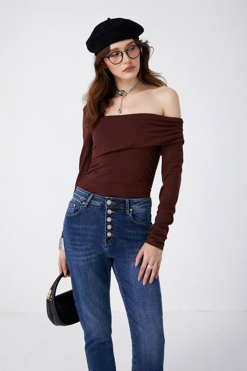 ADORO Women's Mom Fit Jeans with Rhinestone Buttons Blue