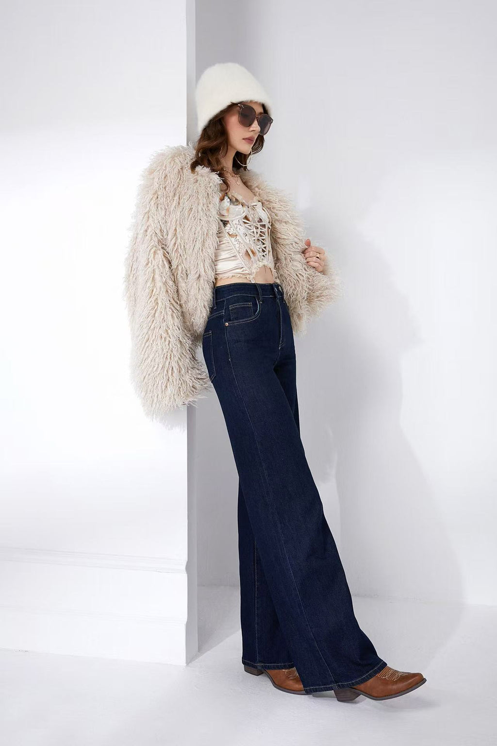 Adoro High Waisted Women's Jean Pants Flare Dark Blue