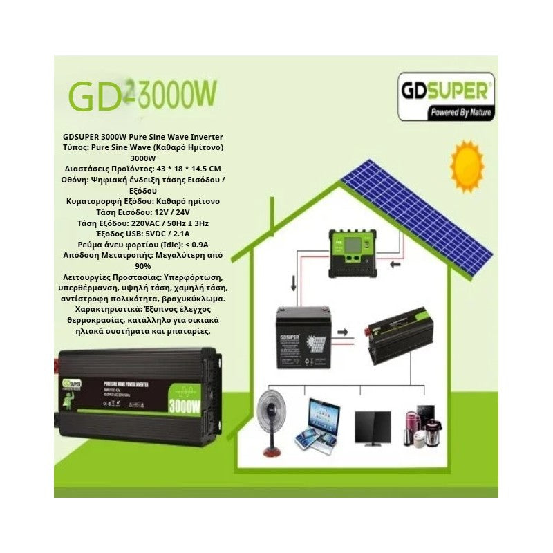 INVERTER ΚΑΘΑΡΟΥ ΗΜΙΤΟΝΟΥ 3000W (12V/24V σε 220V) GD-3000W-A