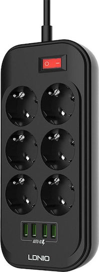 Ldnio SE6403 Πολύπριζο Aσφαλείας 6 Θέσεων με 4 USB-A, Διακόπτη και Καλώδιο 2m