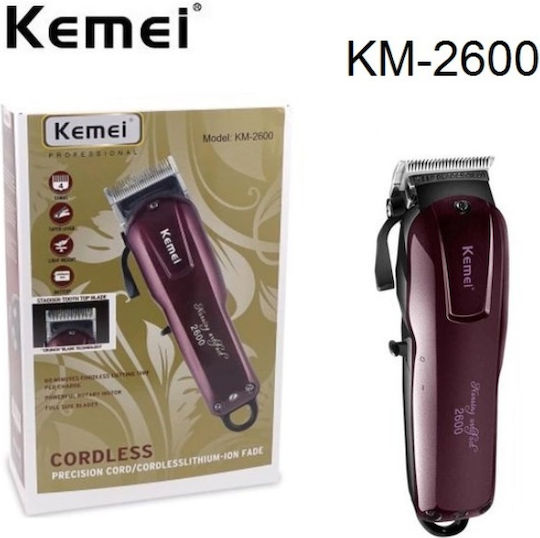 Kemei Επαγγελματική Επαναφορτιζόμενη Κουρευτική Μηχανή Μπορντό/Μαύρο KM-2600