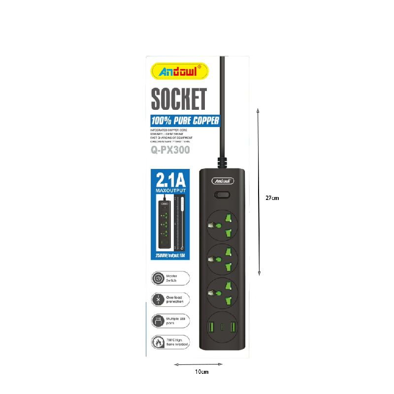 Andowl Πολύπριζο με Αγγλική Πρίζα 3 Θέσεων + 2 USB Θύρες με Διακόπτη Q-PX300 - Socket - Angel shopping